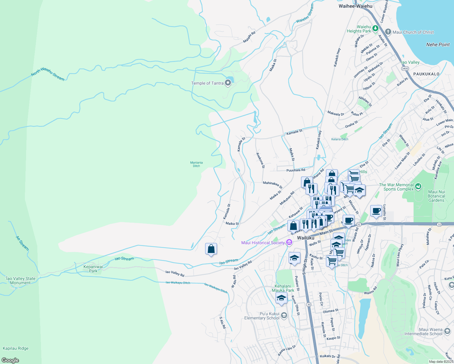 map of restaurants, bars, coffee shops, grocery stores, and more near 431 Maukele Place in Wailuku