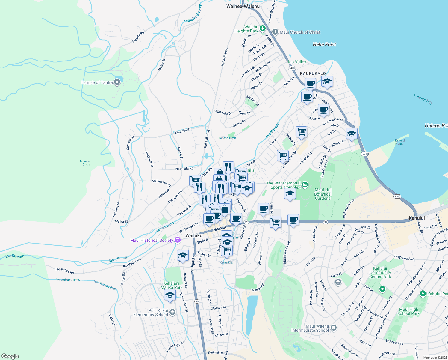 map of restaurants, bars, coffee shops, grocery stores, and more near 1863 Wili Pa Loop in Wailuku