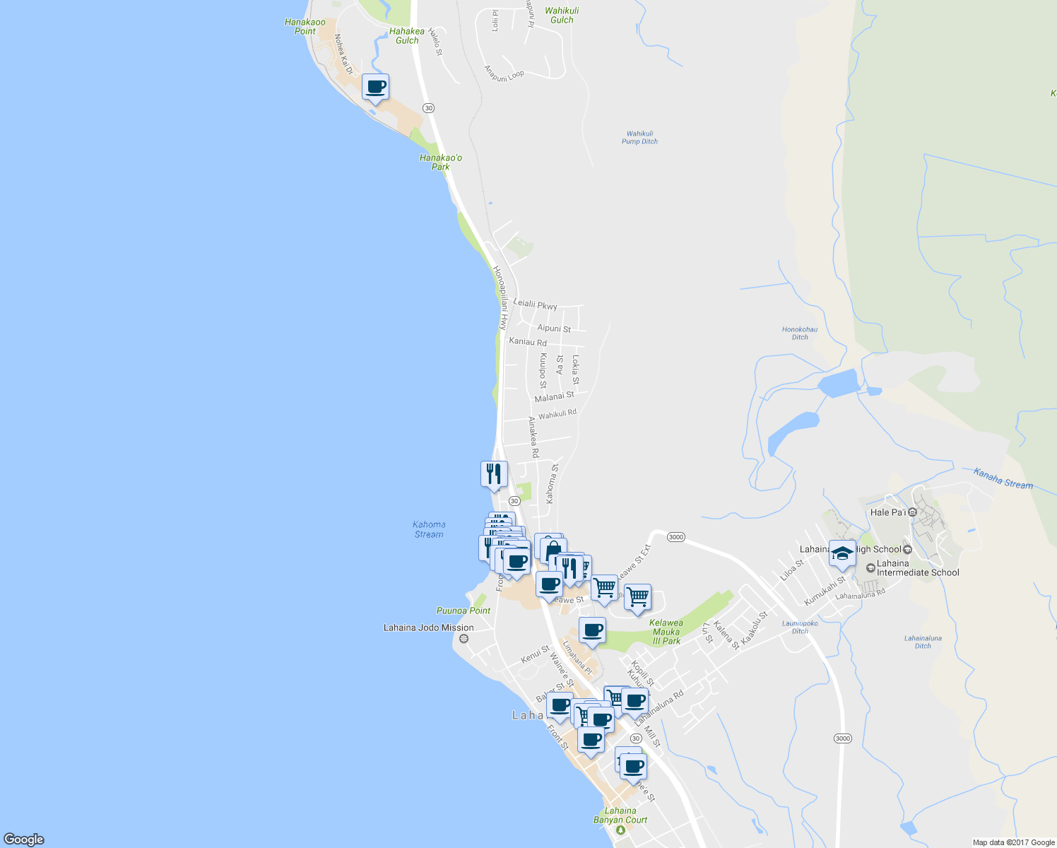 map of restaurants, bars, coffee shops, grocery stores, and more near 130 Wahikuli Road in Lahaina