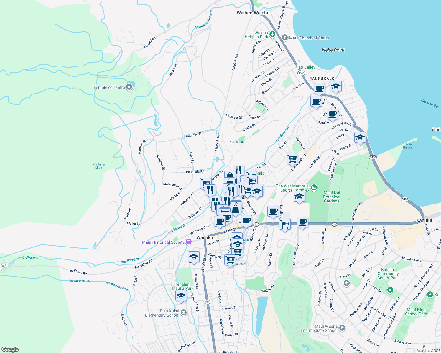 map of restaurants, bars, coffee shops, grocery stores, and more near 384 Kapanui Place in Wailuku