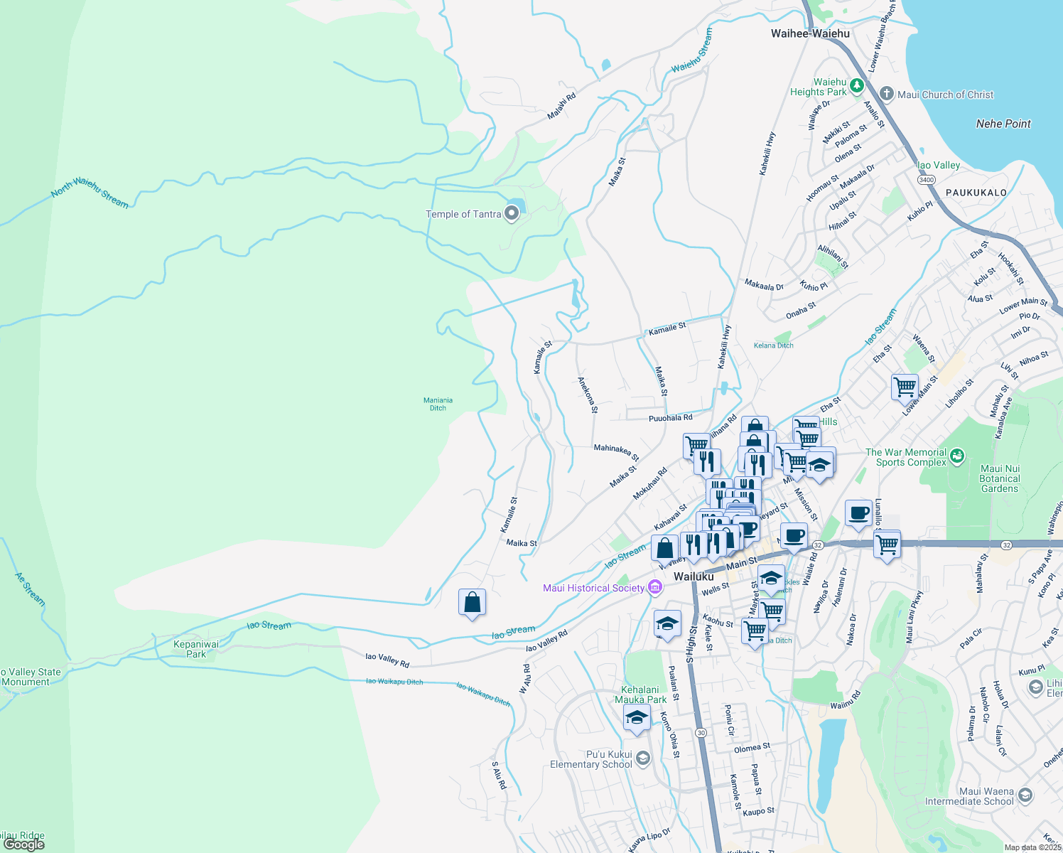 map of restaurants, bars, coffee shops, grocery stores, and more near 440 Maukele Place in Wailuku