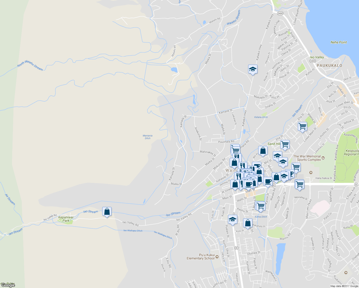 map of restaurants, bars, coffee shops, grocery stores, and more near 440 Maukele Place in Wailuku