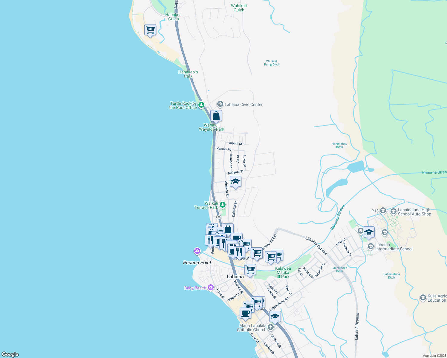 map of restaurants, bars, coffee shops, grocery stores, and more near 129 Wahikuli Road in Lahaina