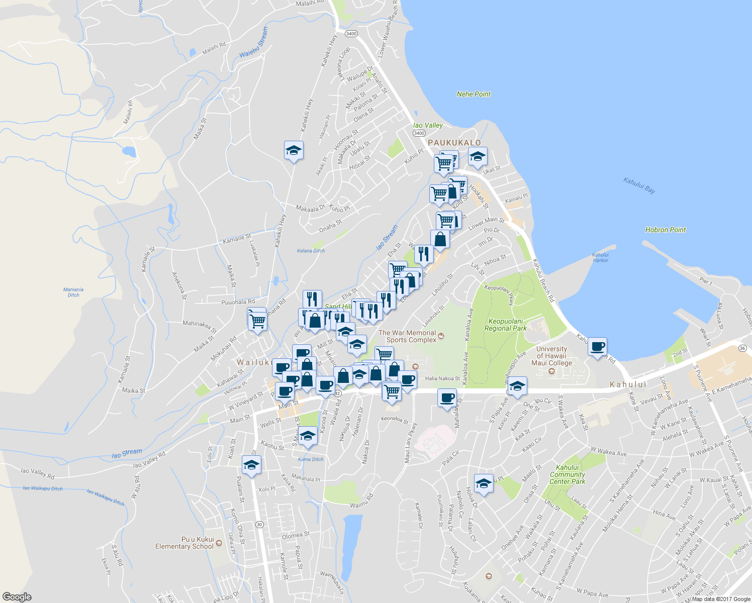 map of restaurants, bars, coffee shops, grocery stores, and more near 121 Iao Loop in Wailuku