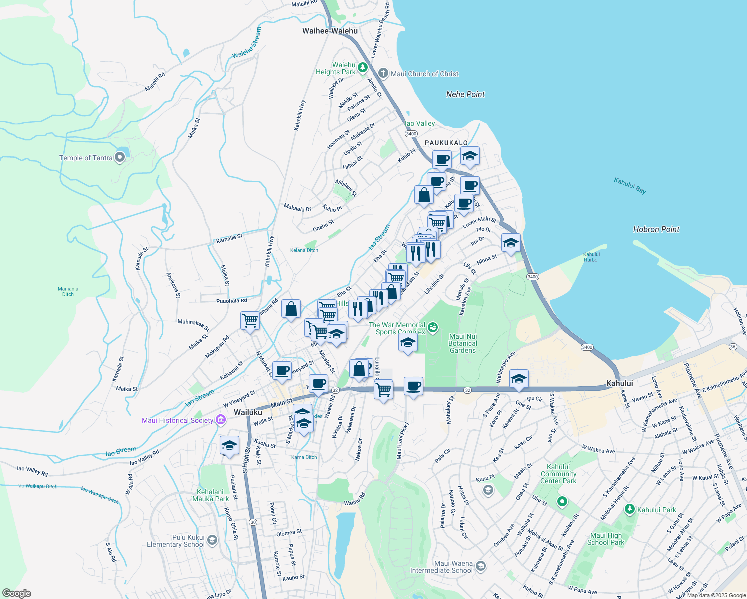 map of restaurants, bars, coffee shops, grocery stores, and more near 59 Waiolani Place in Wailuku