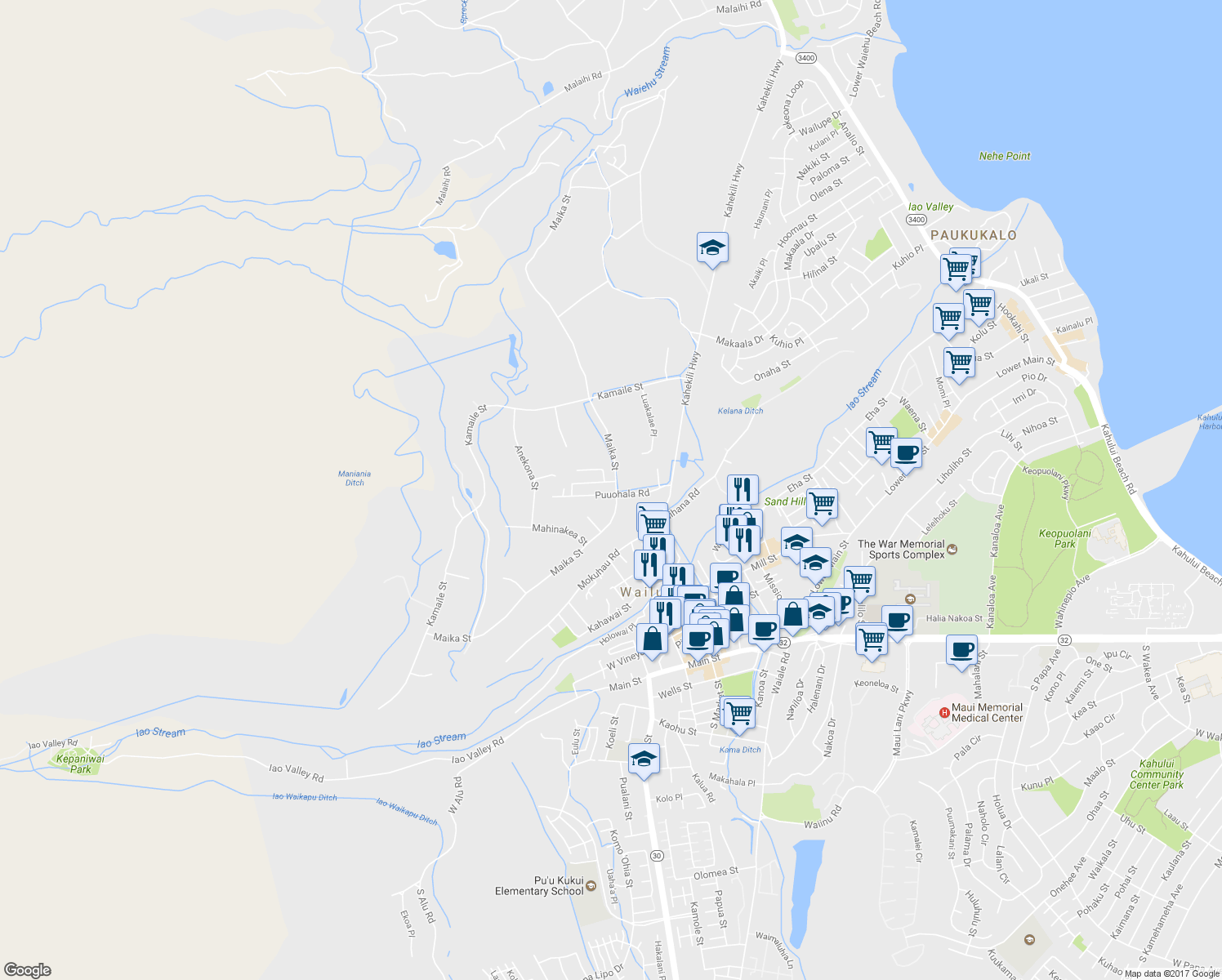 map of restaurants, bars, coffee shops, grocery stores, and more near 2070 Puuohala Road in Wailuku