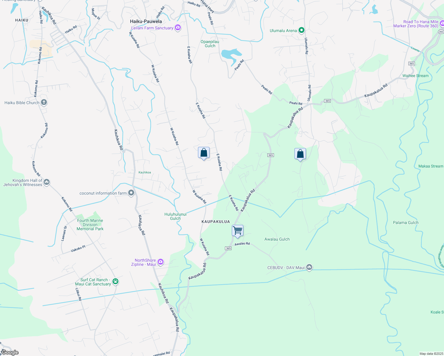 map of restaurants, bars, coffee shops, grocery stores, and more near 1016 East Kuiaha Road in Haiku-Pauwela