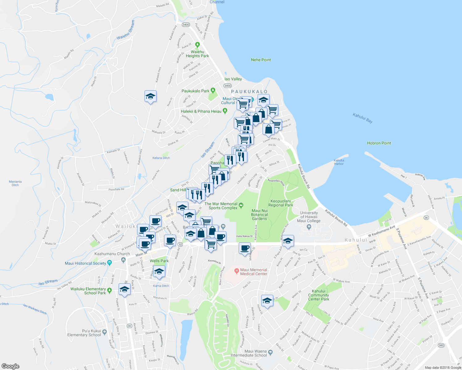 map of restaurants, bars, coffee shops, grocery stores, and more near 363 Liholiho Street in Wailuku