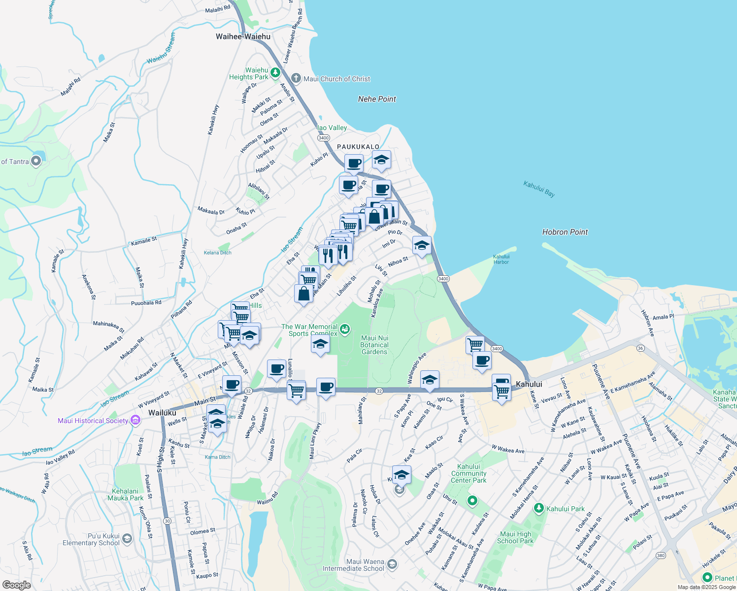 map of restaurants, bars, coffee shops, grocery stores, and more near 265 Mohalu Street in Kahului
