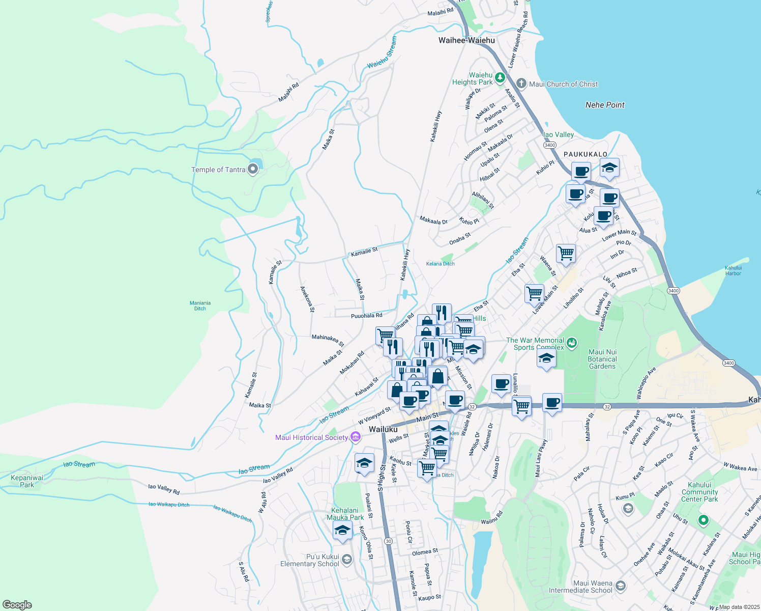 map of restaurants, bars, coffee shops, grocery stores, and more near 2004 Puuohala Road in Wailuku