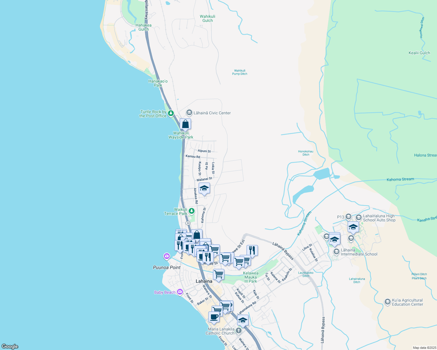 map of restaurants, bars, coffee shops, grocery stores, and more near 259 Malanai Street in Lahaina