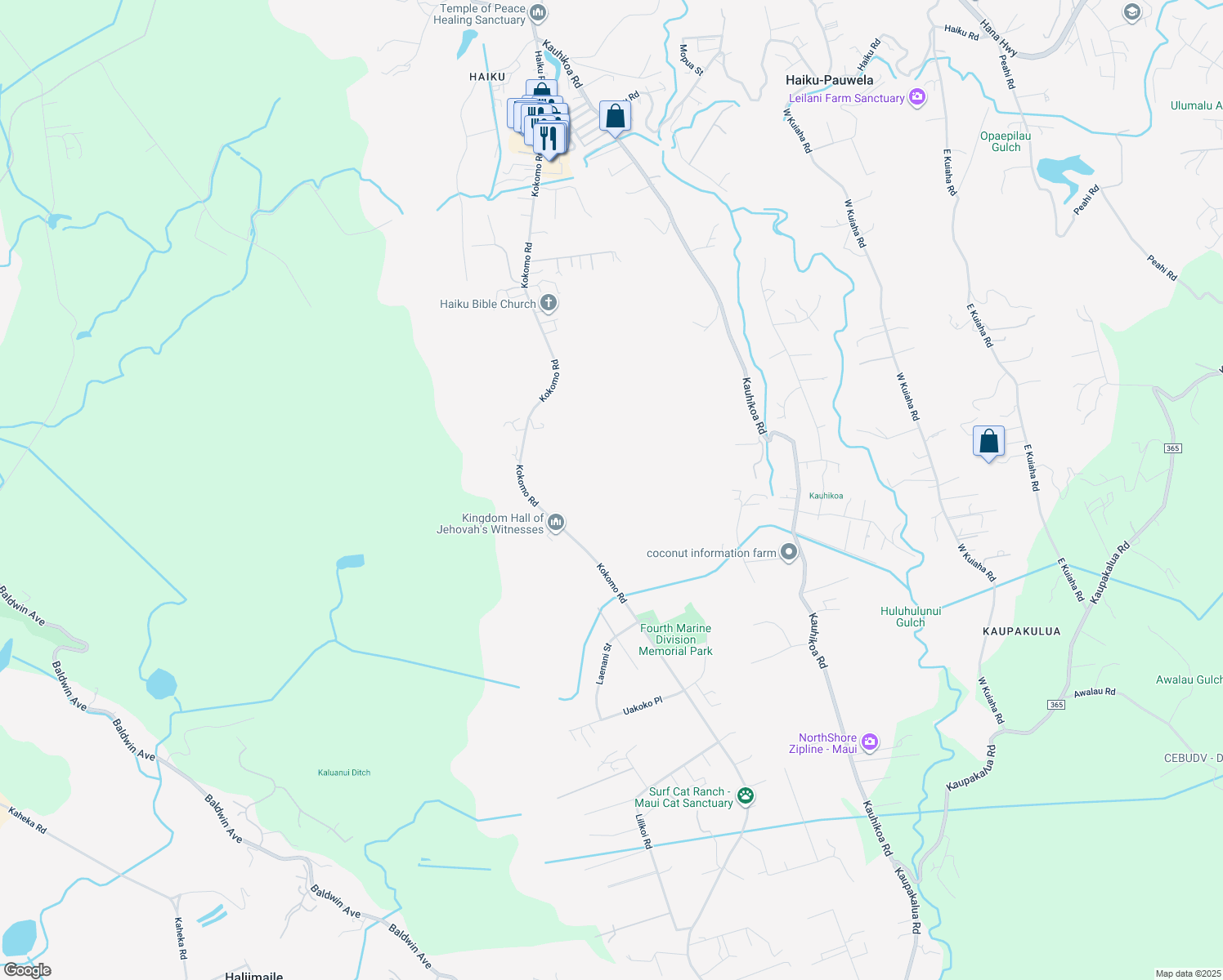 map of restaurants, bars, coffee shops, grocery stores, and more near 563-613 Kokomo Road in Haiku-Pauwela