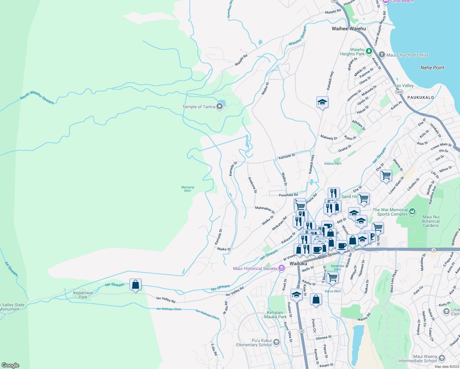map of restaurants, bars, coffee shops, grocery stores, and more near 2392 Kamaile Street in Wailuku