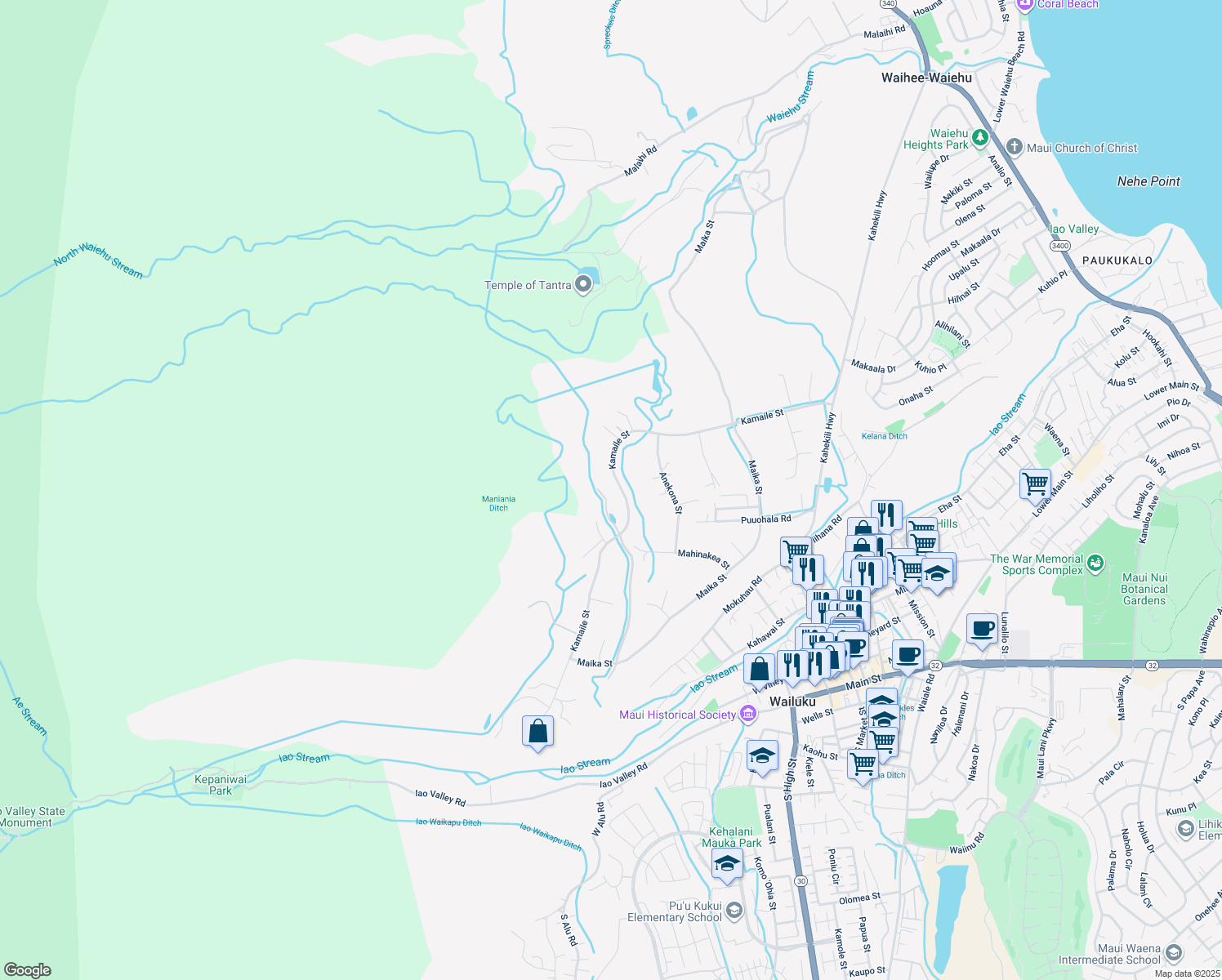 map of restaurants, bars, coffee shops, grocery stores, and more near 2392 Kamaile Street in Wailuku