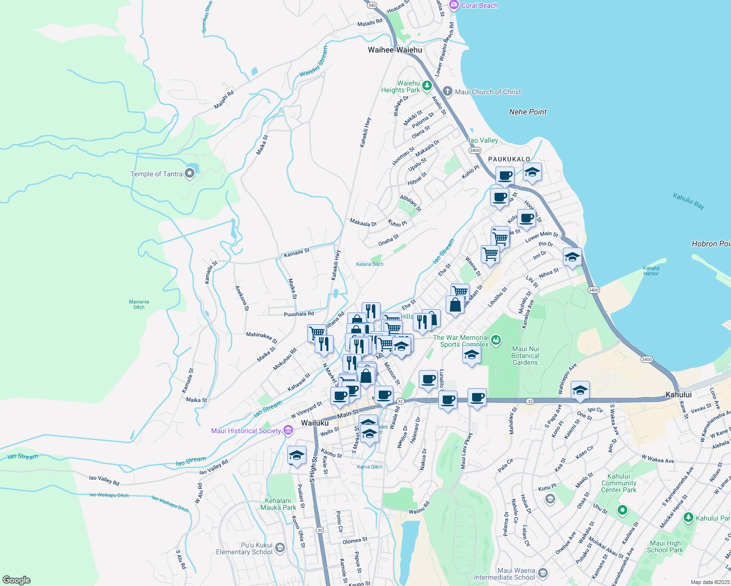 map of restaurants, bars, coffee shops, grocery stores, and more near 383 Neki Place in Wailuku