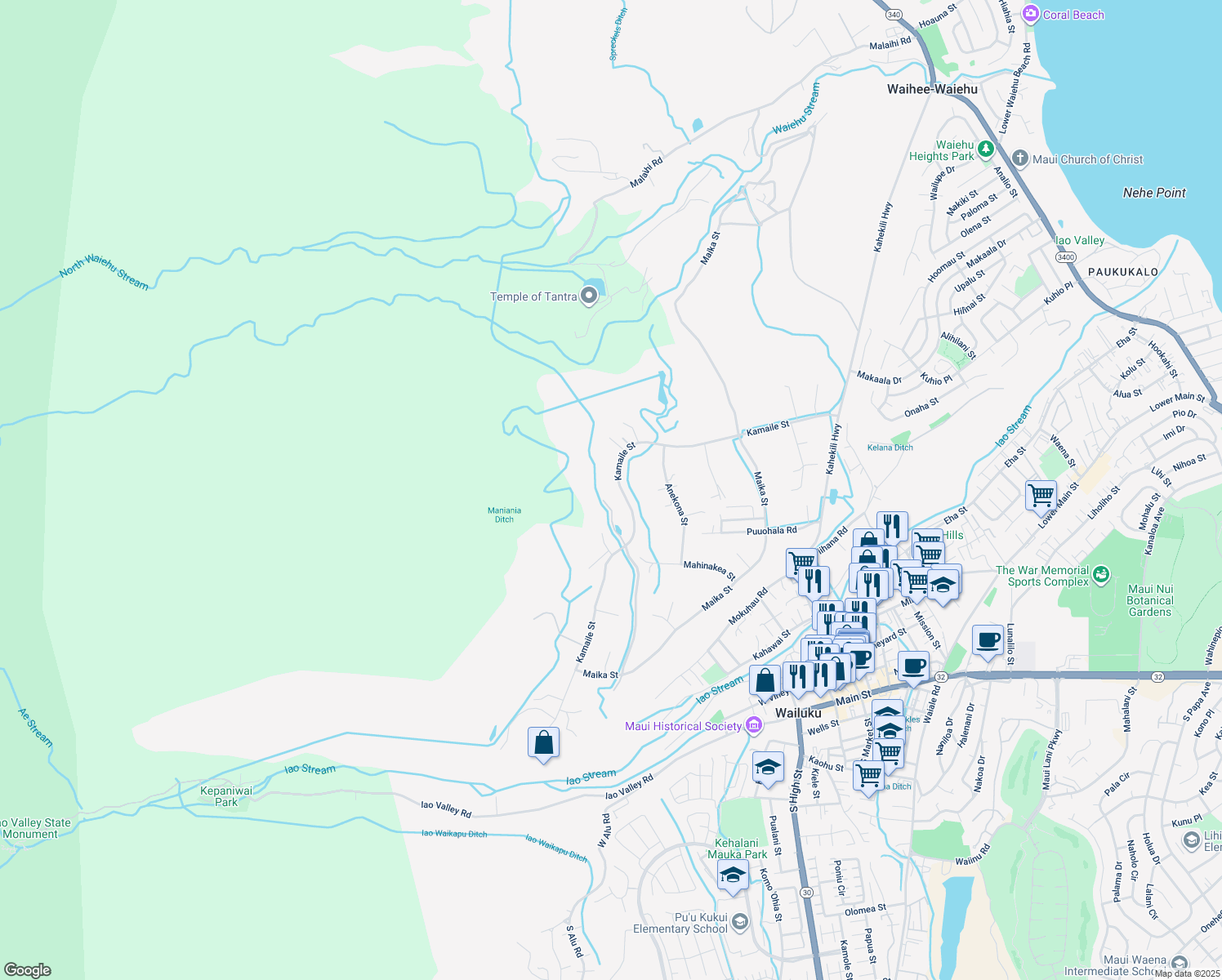 map of restaurants, bars, coffee shops, grocery stores, and more near 2370 Kamaile Street in Wailuku