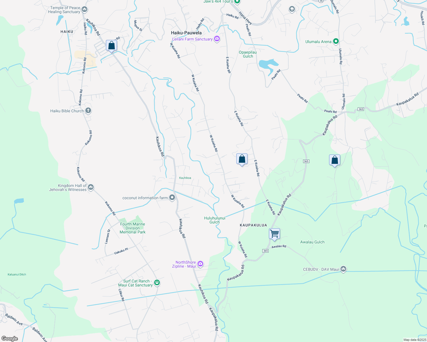 map of restaurants, bars, coffee shops, grocery stores, and more near 1430 West Kuiaha Road in Haiku-Pauwela