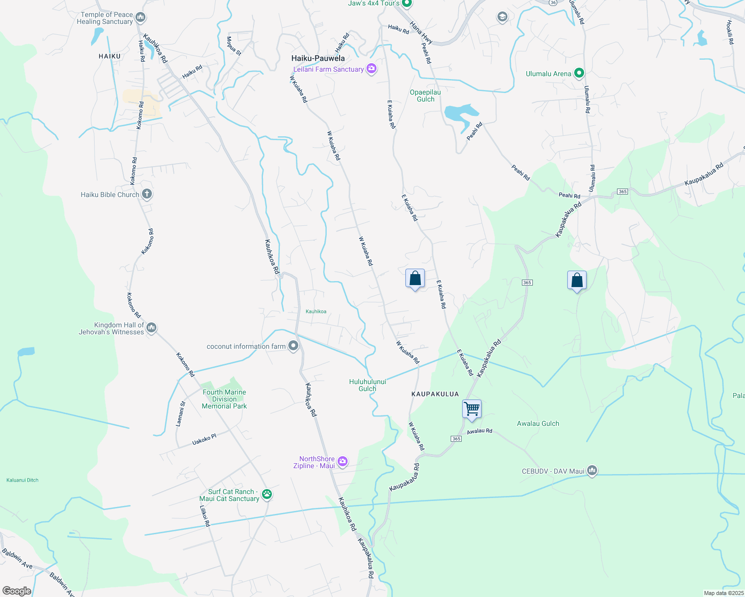 map of restaurants, bars, coffee shops, grocery stores, and more near 1430 West Kuiaha Road in Haiku-Pauwela