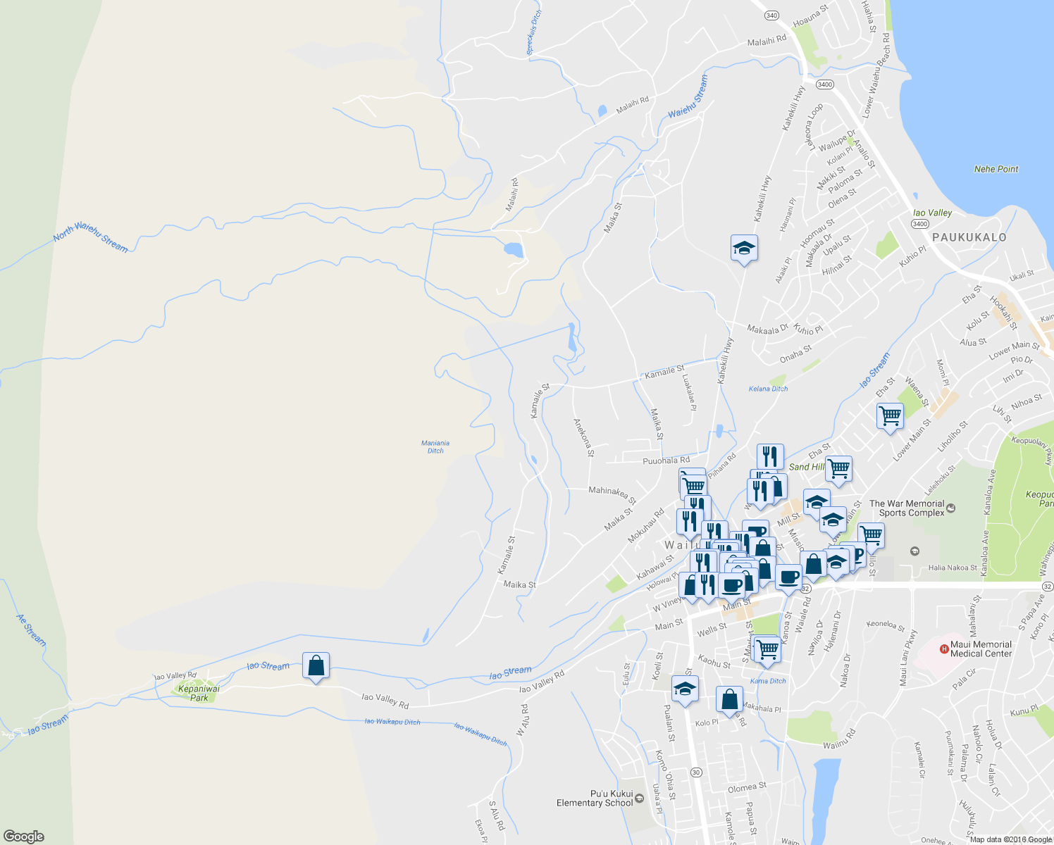 map of restaurants, bars, coffee shops, grocery stores, and more near 2370 Kamaile Street in Wailuku
