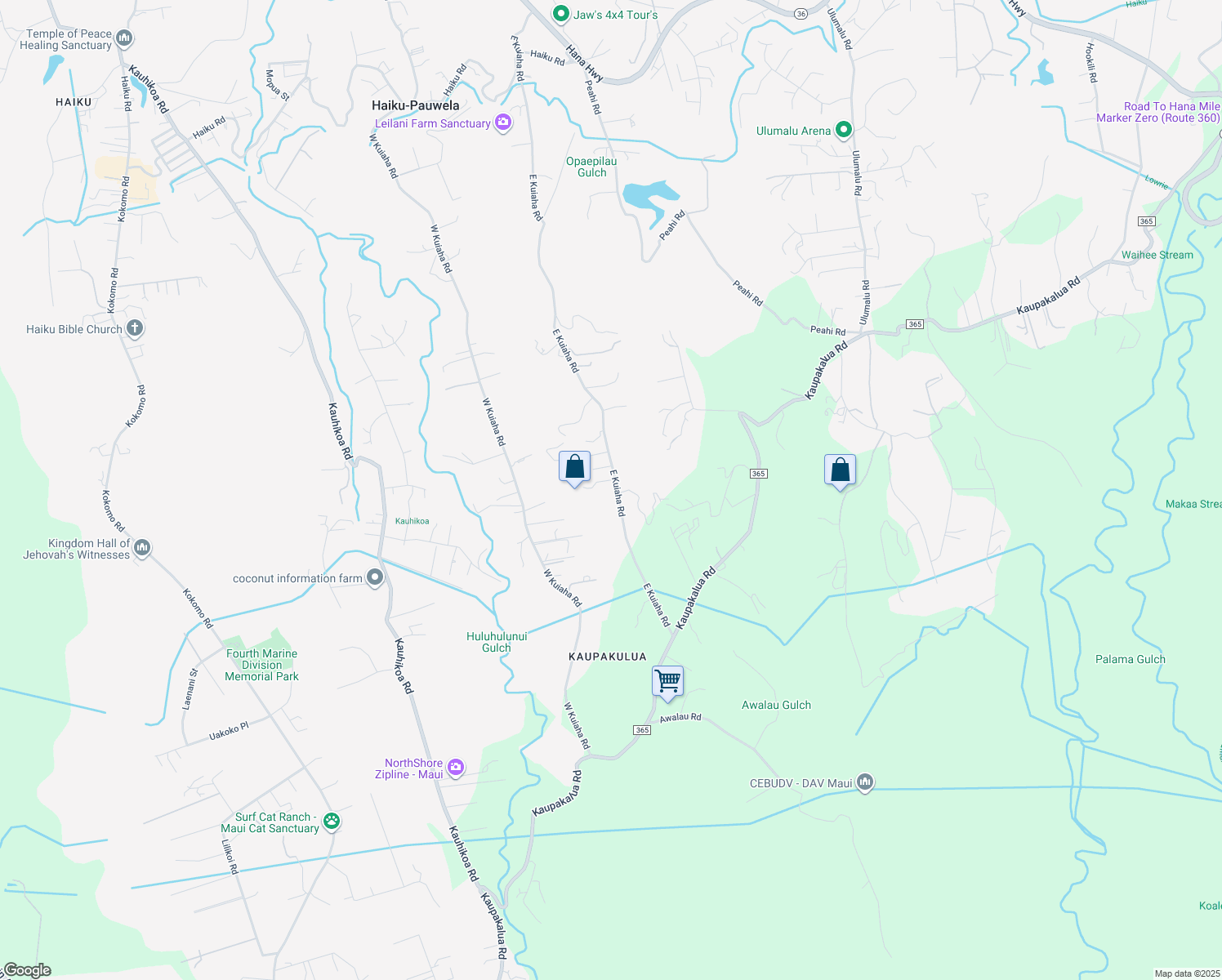 map of restaurants, bars, coffee shops, grocery stores, and more near 910 East Kuiaha Road in Haiku-Pauwela
