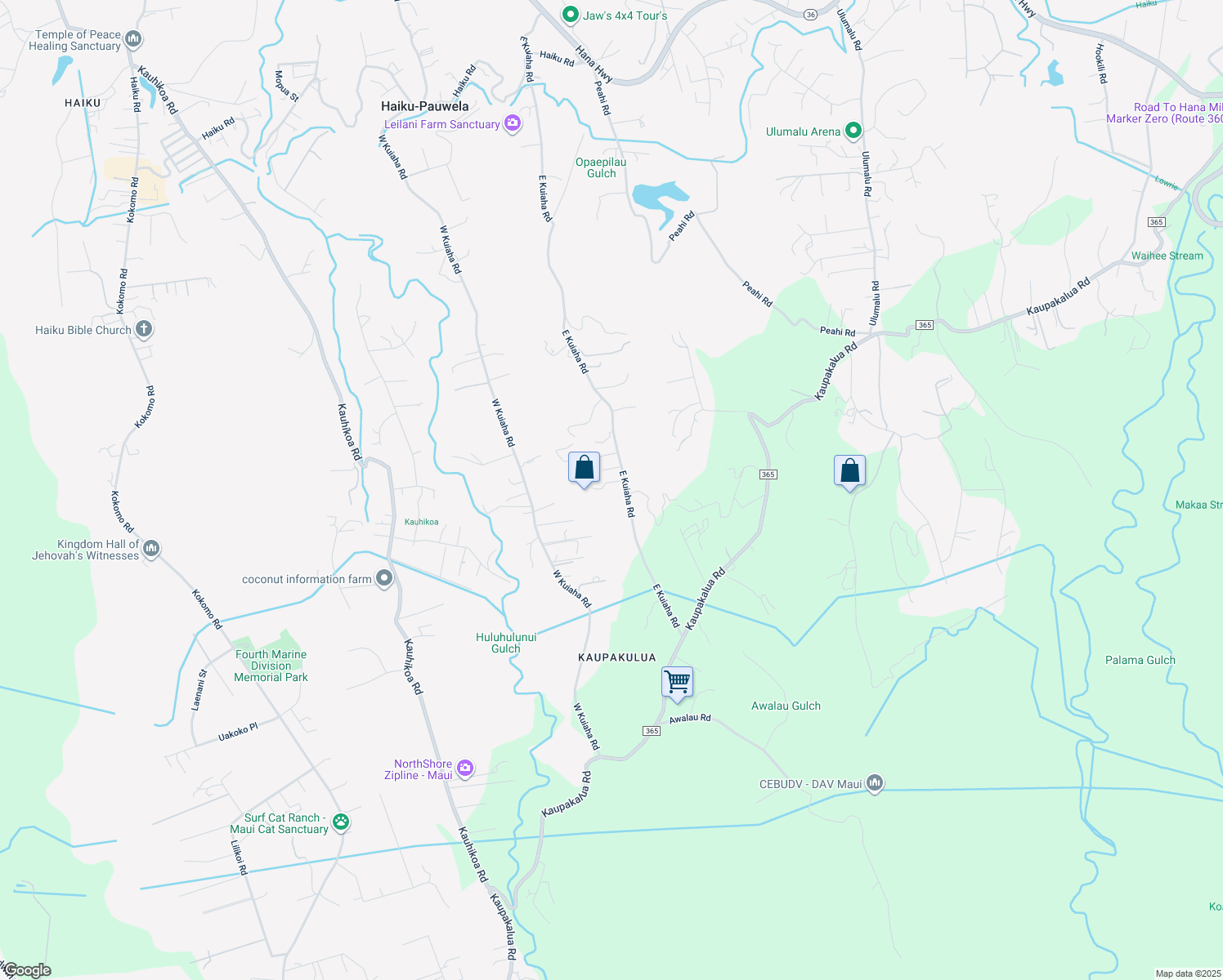 map of restaurants, bars, coffee shops, grocery stores, and more near 910 East Kuiaha Road in Haiku-Pauwela