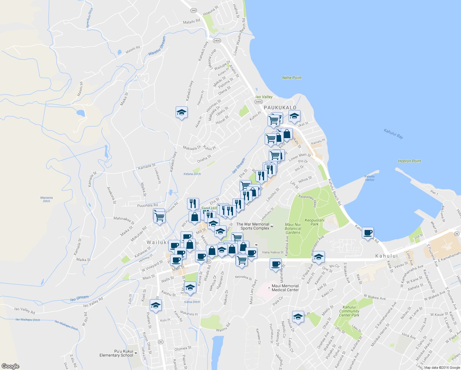 map of restaurants, bars, coffee shops, grocery stores, and more near 6 Lawai Place in Wailuku