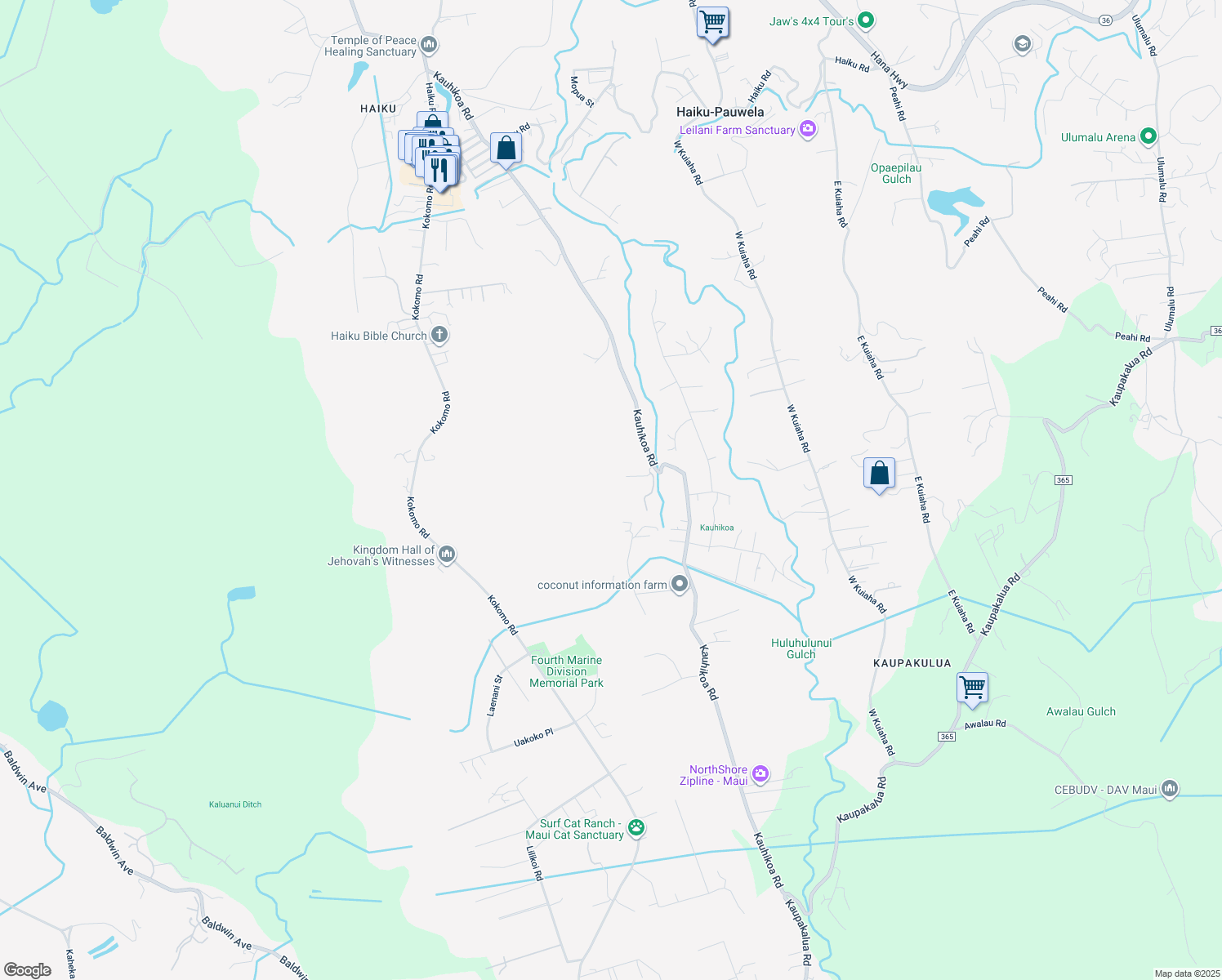map of restaurants, bars, coffee shops, grocery stores, and more near 55 Eono Place in Haiku-Pauwela