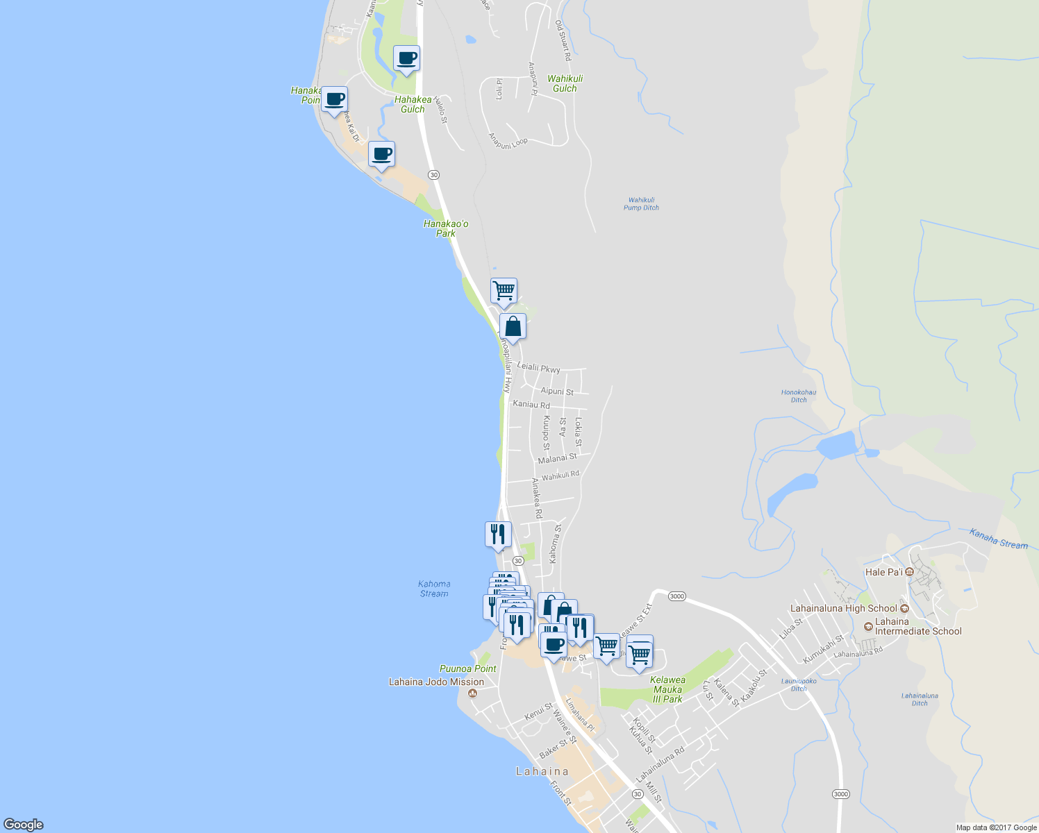 map of restaurants, bars, coffee shops, grocery stores, and more near 1582A Malo Street in Lahaina