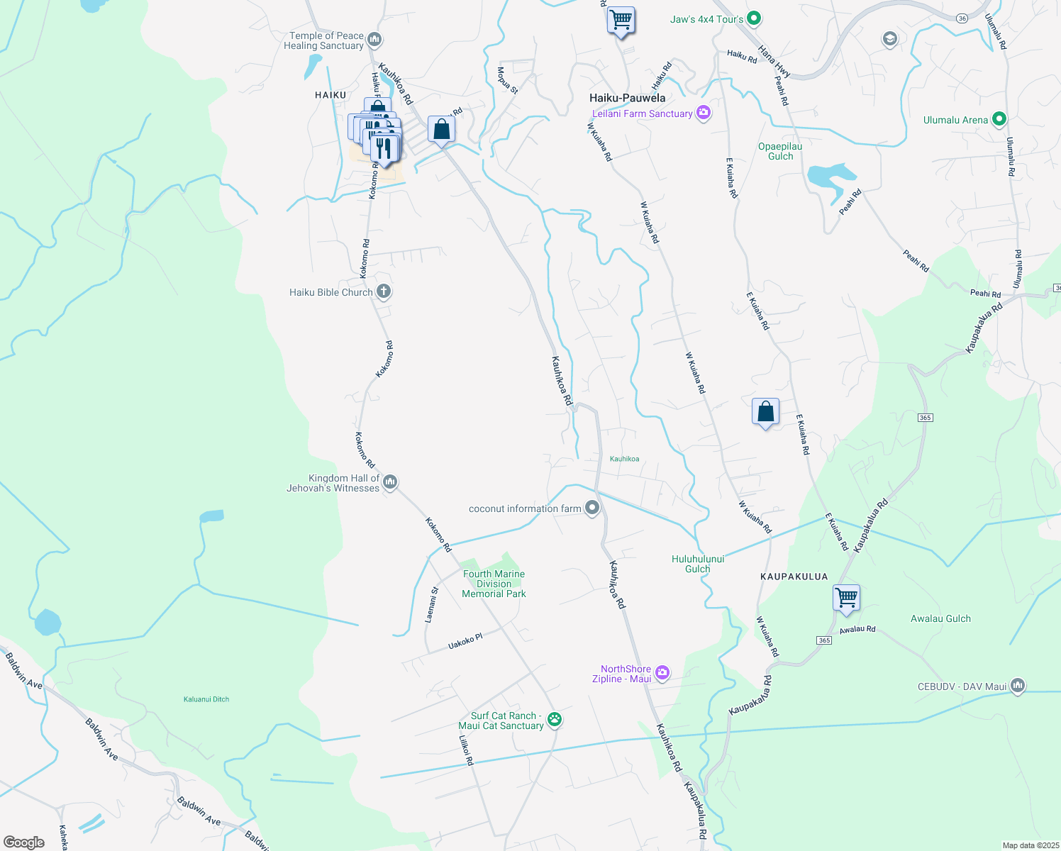 map of restaurants, bars, coffee shops, grocery stores, and more near 55 Eono Place in Haiku-Pauwela