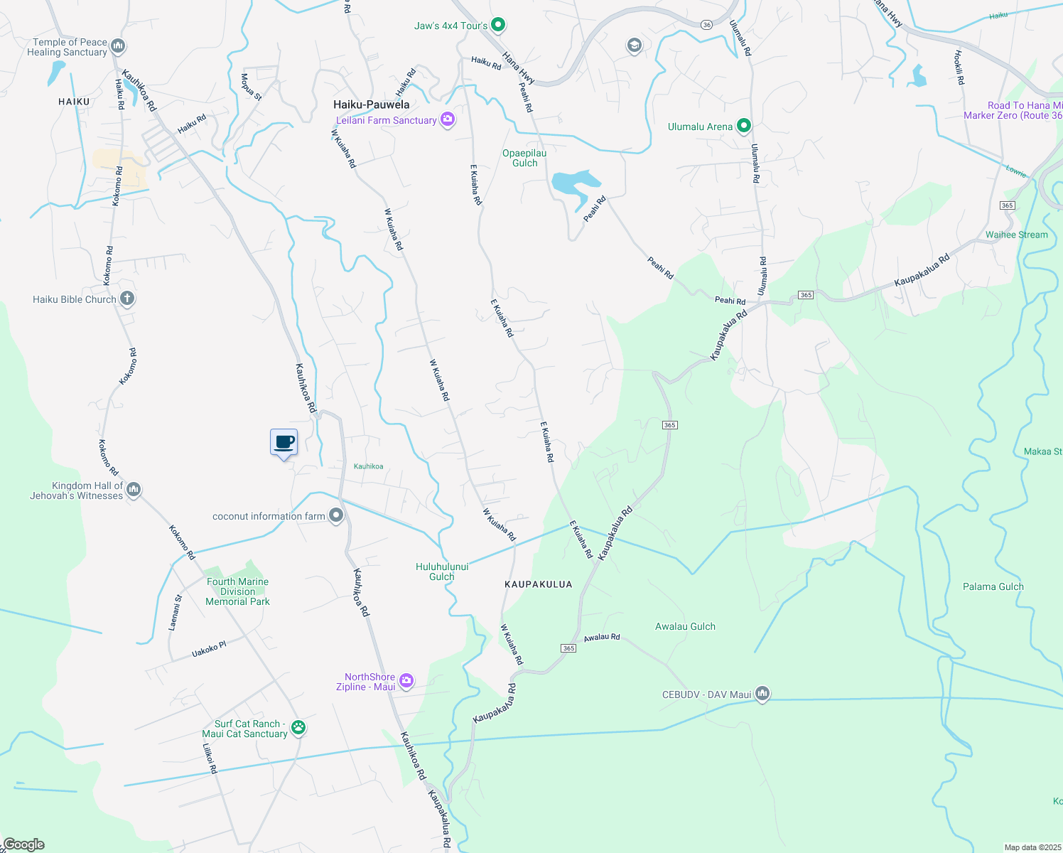 map of restaurants, bars, coffee shops, grocery stores, and more near 890 East Kuiaha Road in Haiku-Pauwela