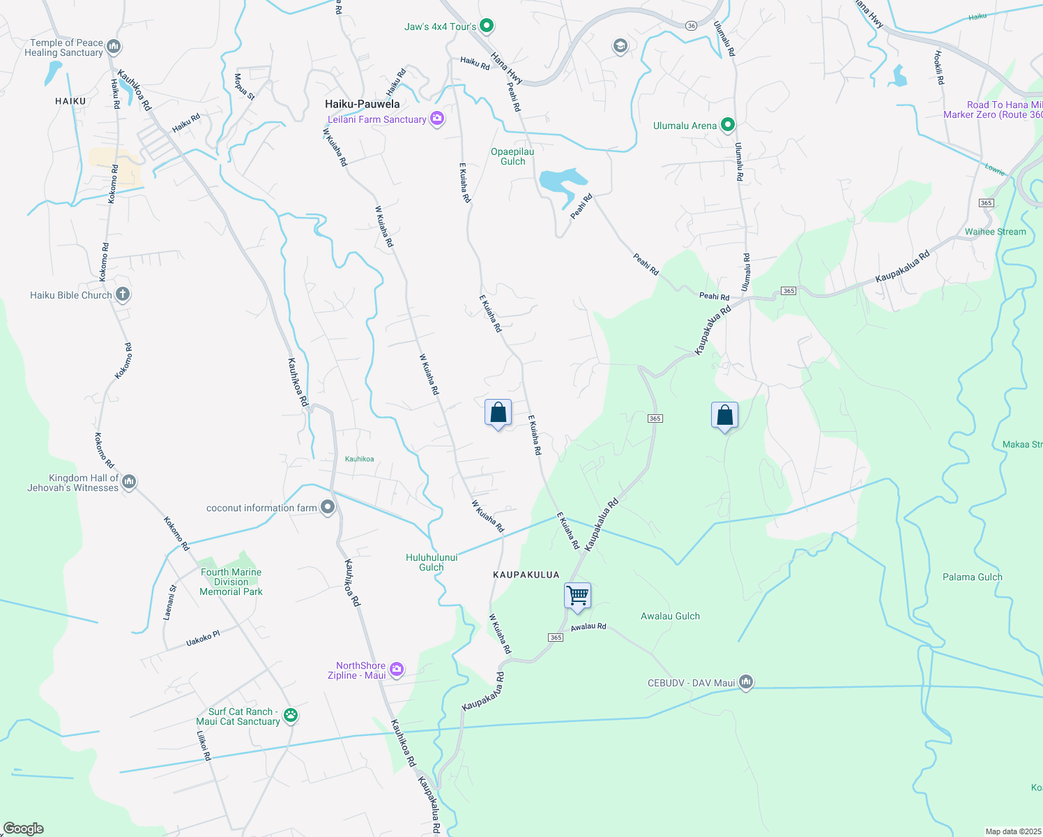 map of restaurants, bars, coffee shops, grocery stores, and more near 890 East Kuiaha Road in Haiku-Pauwela