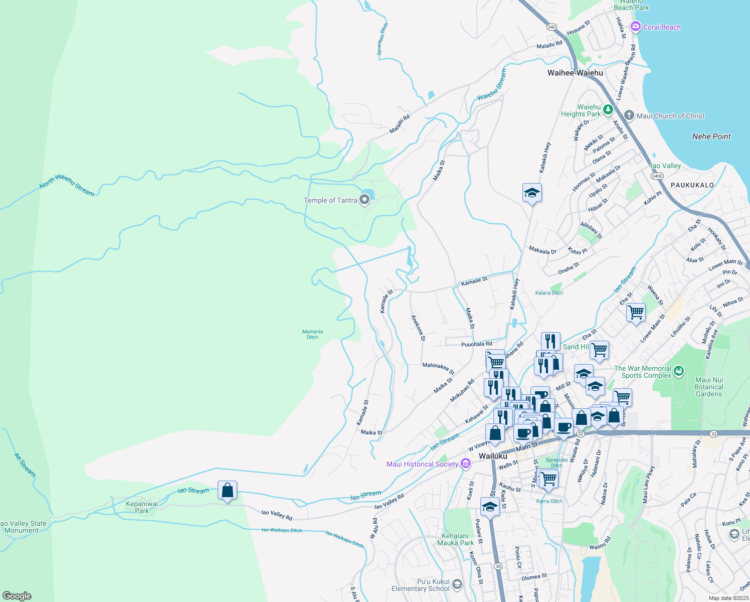 map of restaurants, bars, coffee shops, grocery stores, and more near 2330 Kamaile Street in Wailuku