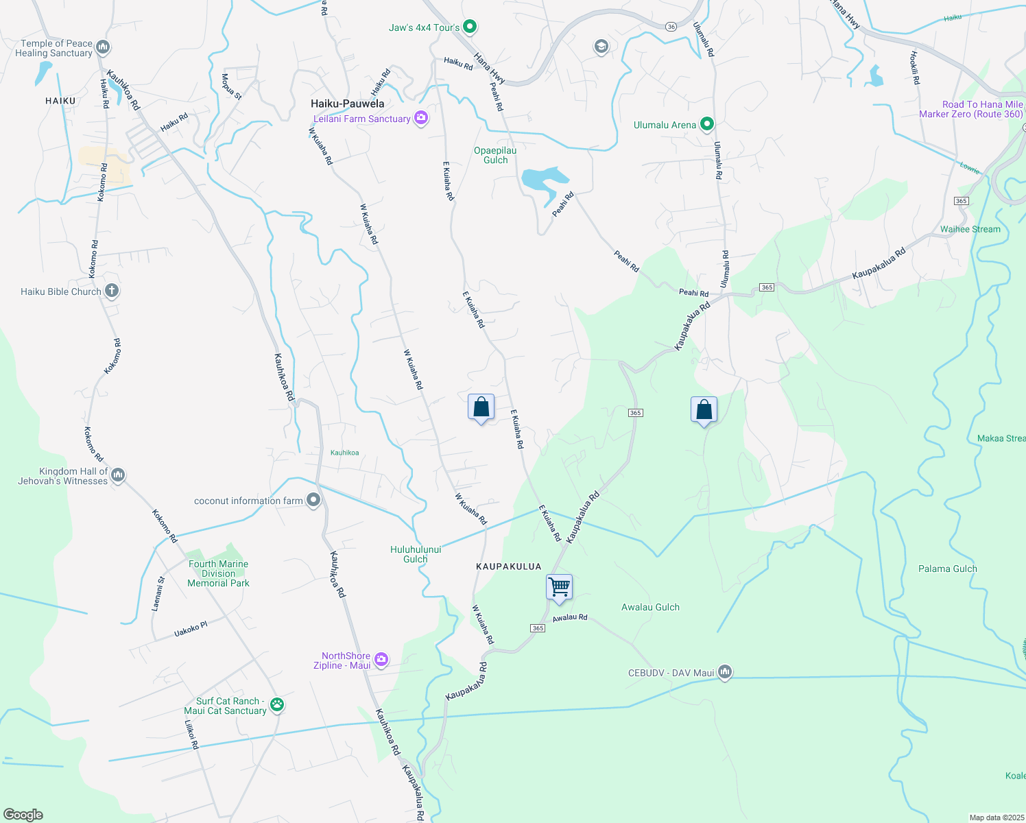 map of restaurants, bars, coffee shops, grocery stores, and more near 876 East Kuiaha Road in Haiku-Pauwela