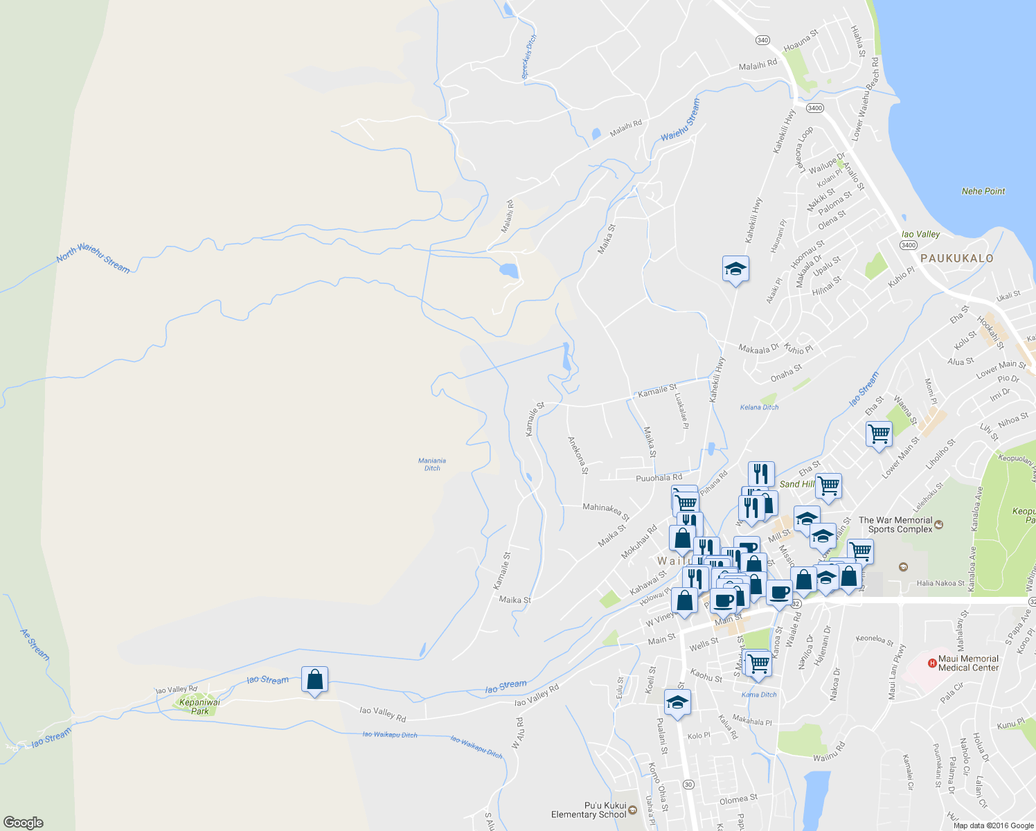 map of restaurants, bars, coffee shops, grocery stores, and more near 2330 Kamaile Street in Wailuku