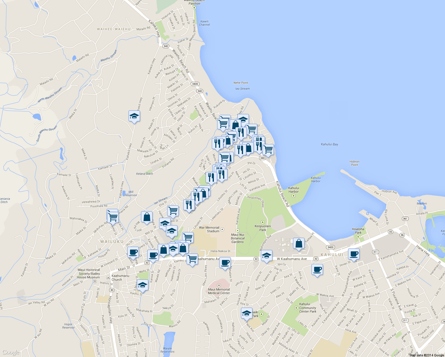 map of restaurants, bars, coffee shops, grocery stores, and more near 1005 Lower Main Street in Wailuku
