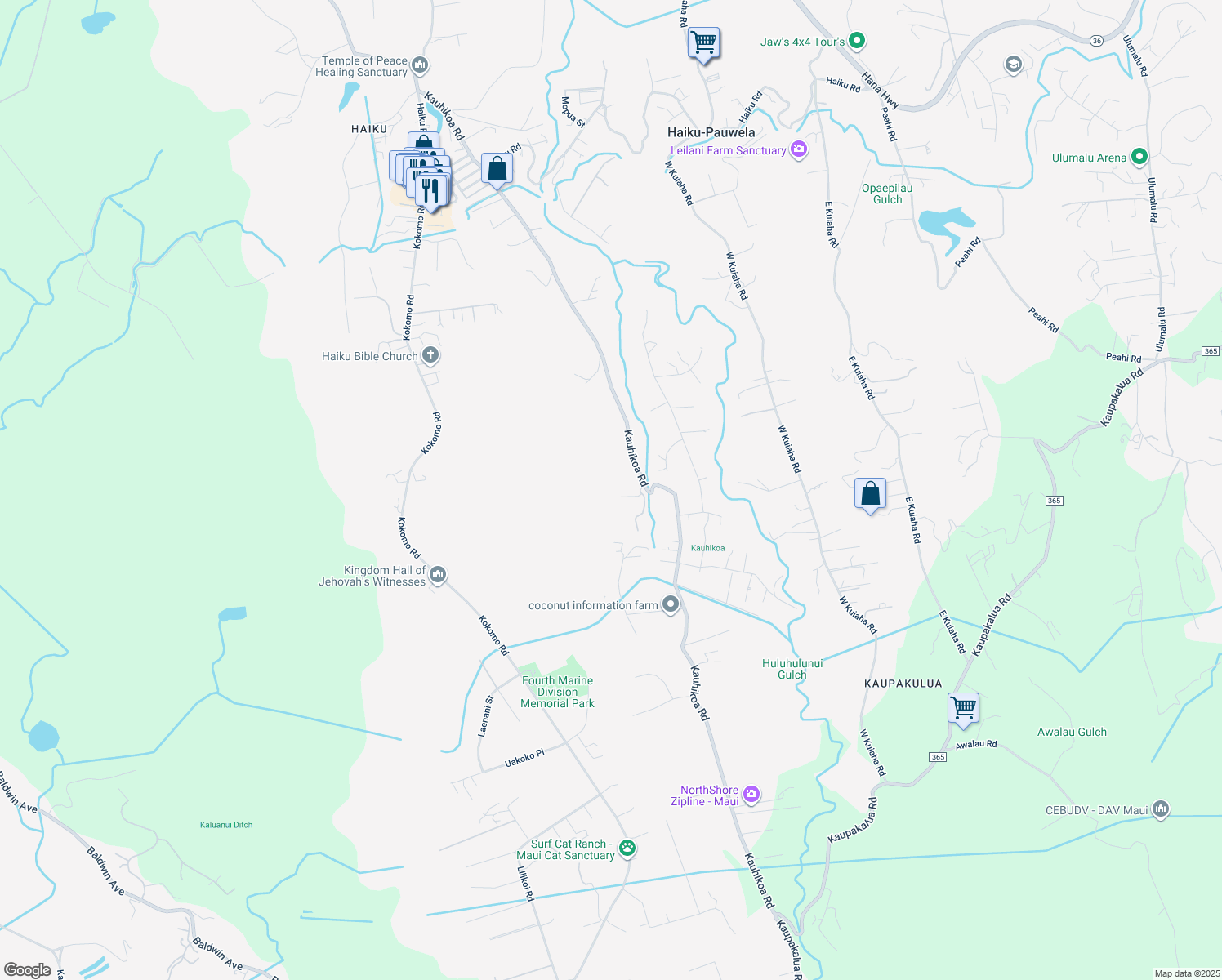 map of restaurants, bars, coffee shops, grocery stores, and more near 50 Eono Place in Haiku-Pauwela