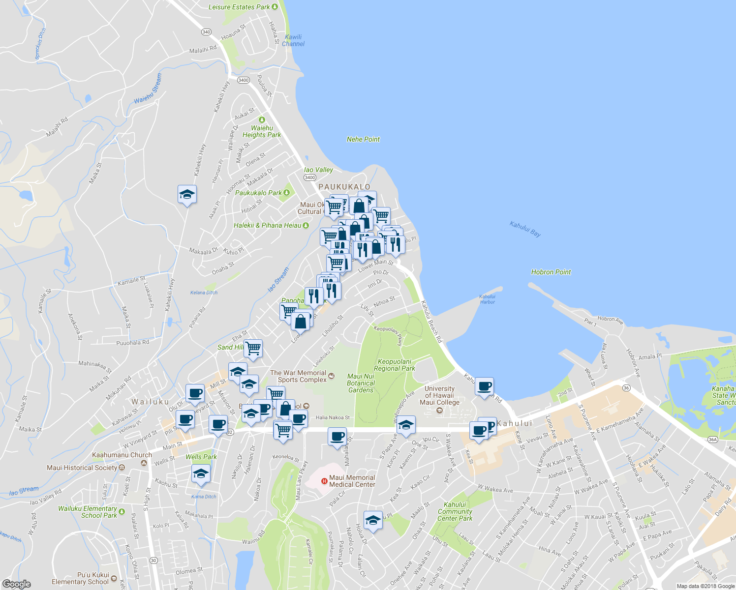 map of restaurants, bars, coffee shops, grocery stores, and more near 551 Liholiho Street in Wailuku