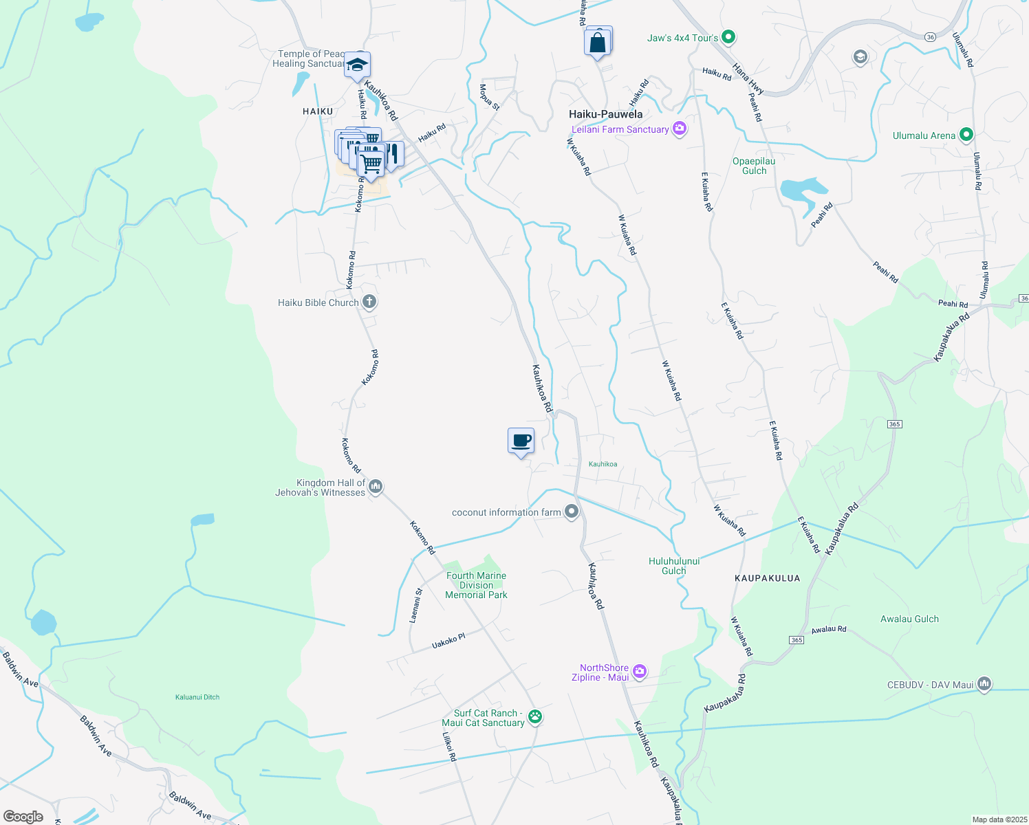 map of restaurants, bars, coffee shops, grocery stores, and more near 50 Eono Place in Haiku-Pauwela
