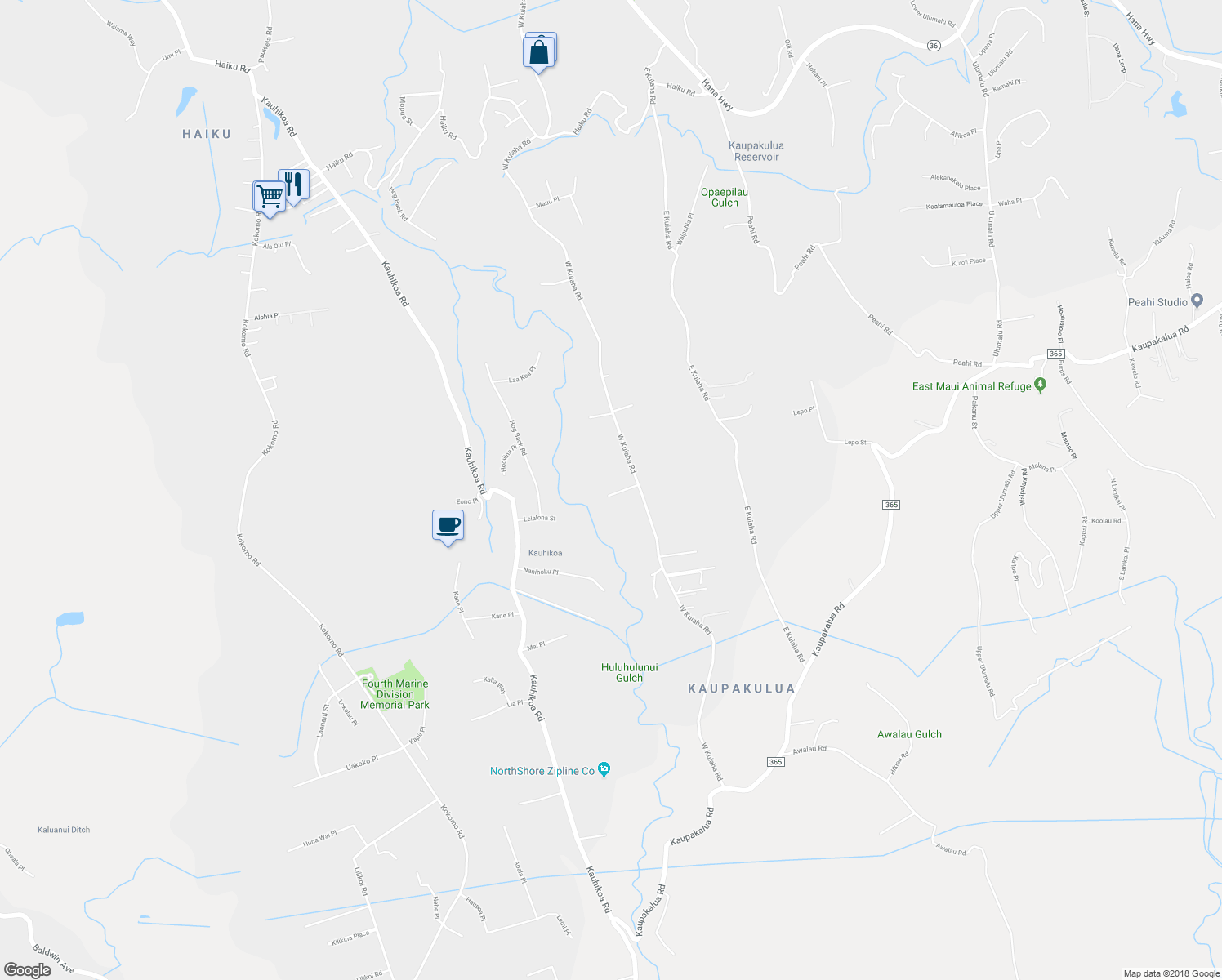map of restaurants, bars, coffee shops, grocery stores, and more near 1320 West Kuiaha Road in Haiku-Pauwela