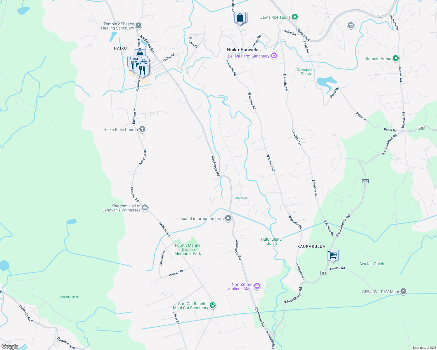 map of restaurants, bars, coffee shops, grocery stores, and more near Kauhikoa Road in Haiku-Pauwela