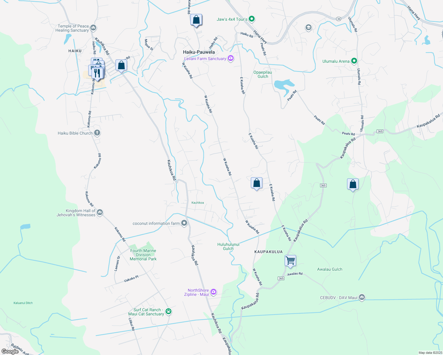 map of restaurants, bars, coffee shops, grocery stores, and more near 1320 West Kuiaha Road in Haiku-Pauwela