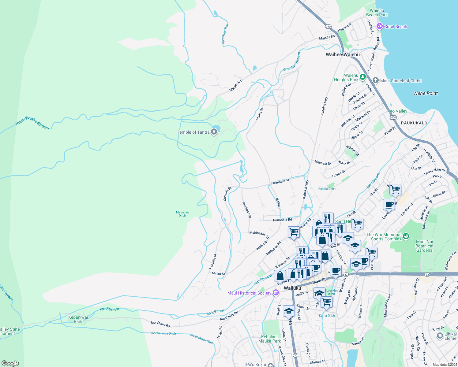 map of restaurants, bars, coffee shops, grocery stores, and more near 2284 Kamaile Street in Wailuku