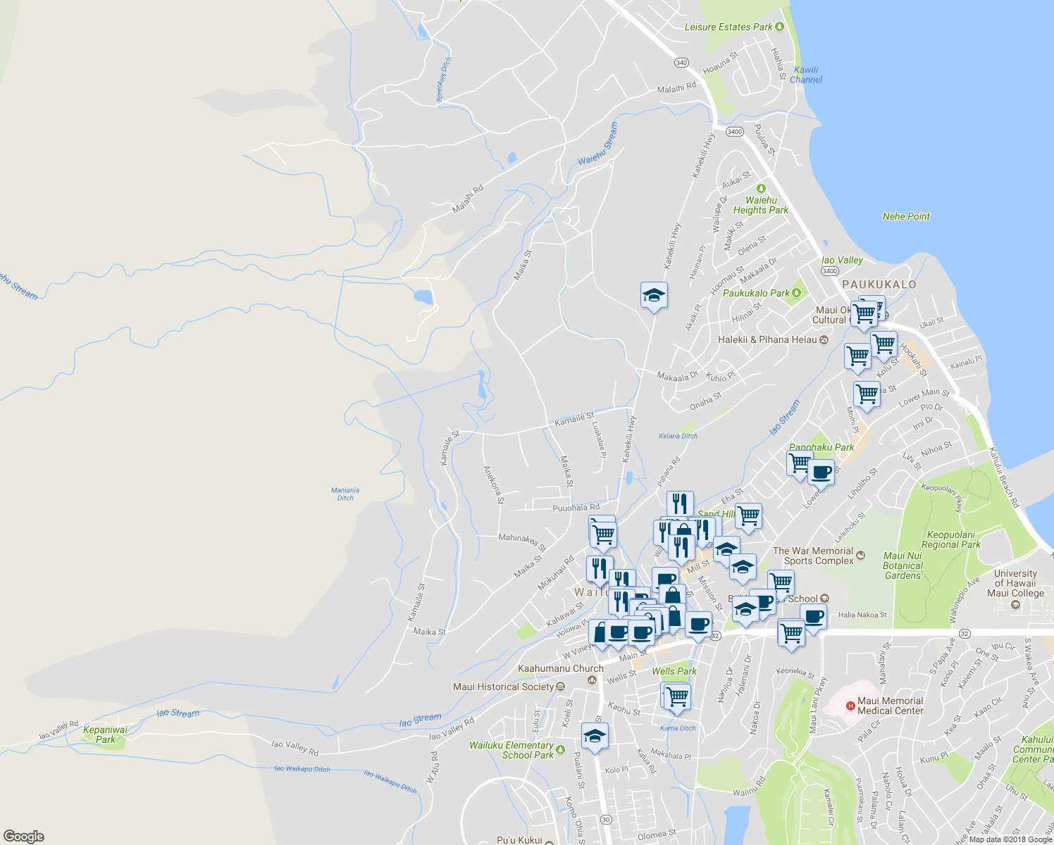 map of restaurants, bars, coffee shops, grocery stores, and more near 2150 Kamaile Street in Wailuku