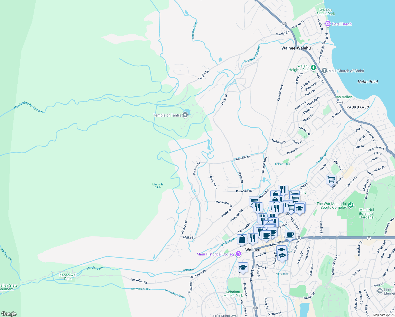 map of restaurants, bars, coffee shops, grocery stores, and more near 2284 Kamaile Street in Wailuku