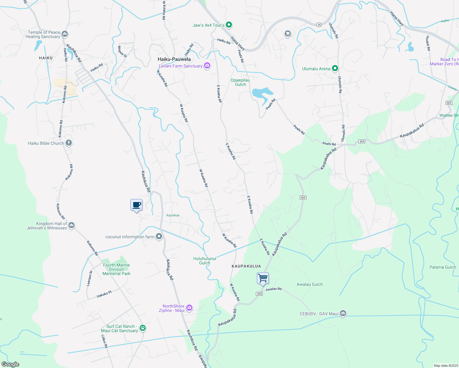 map of restaurants, bars, coffee shops, grocery stores, and more near 740 East Kuiaha Road in Haiku-Pauwela