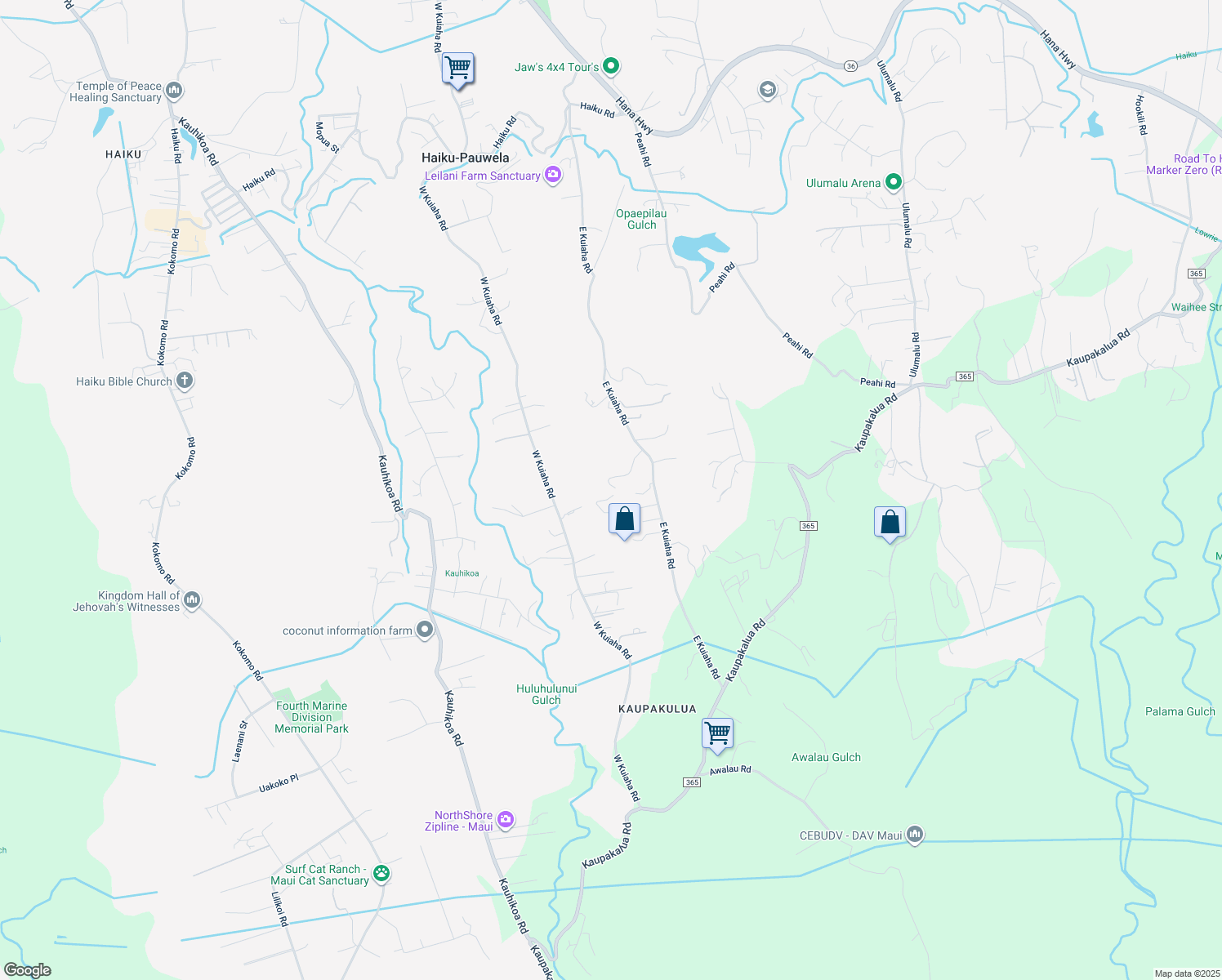 map of restaurants, bars, coffee shops, grocery stores, and more near 740 East Kuiaha Road in Haiku-Pauwela