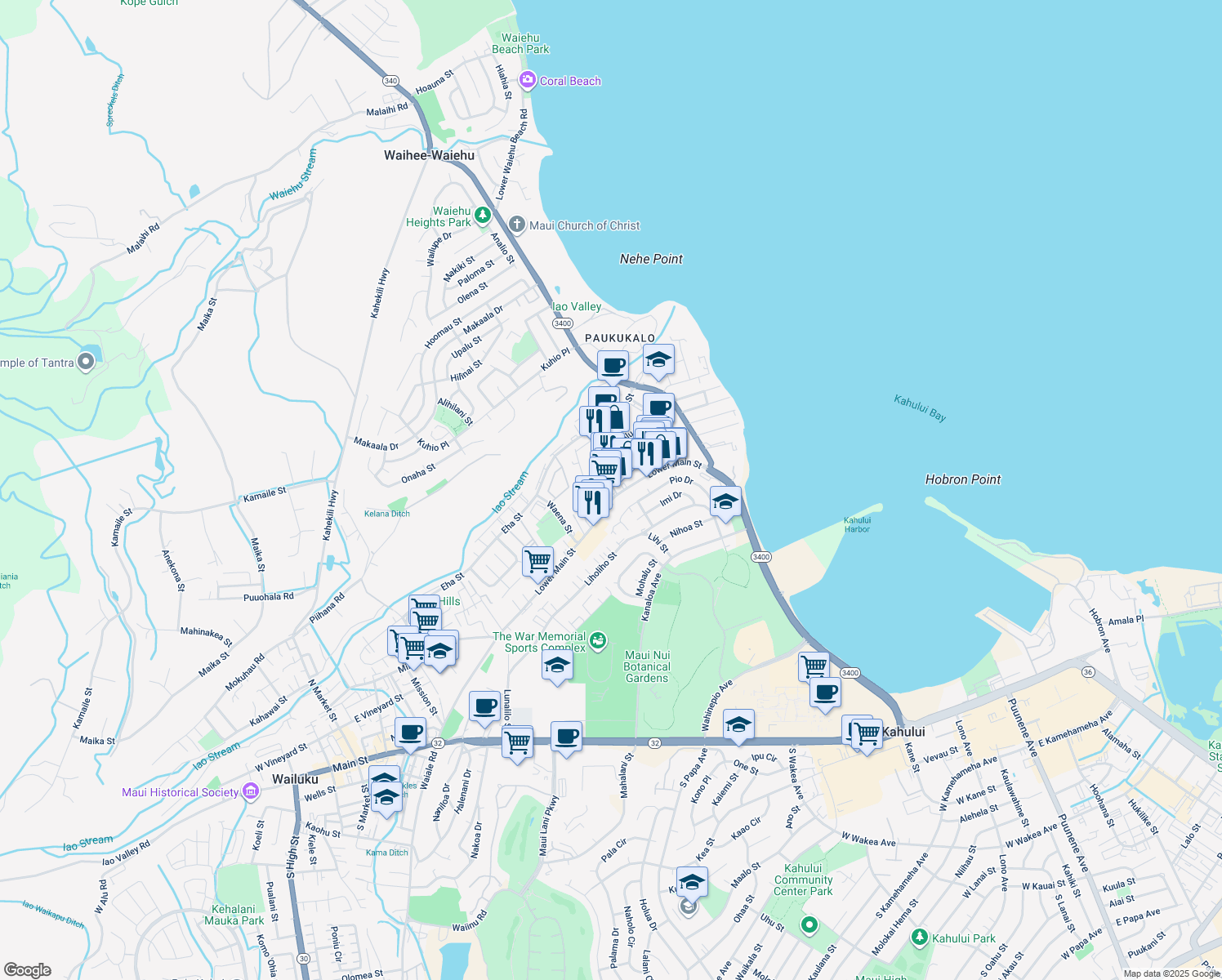 map of restaurants, bars, coffee shops, grocery stores, and more near 928 Lower Main Street in Wailuku