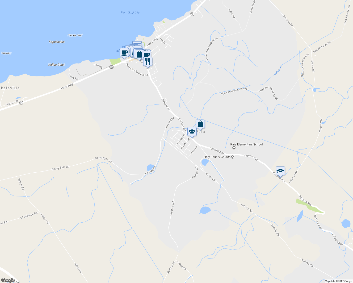 map of restaurants, bars, coffee shops, grocery stores, and more near 535 Kahua Place in Paia