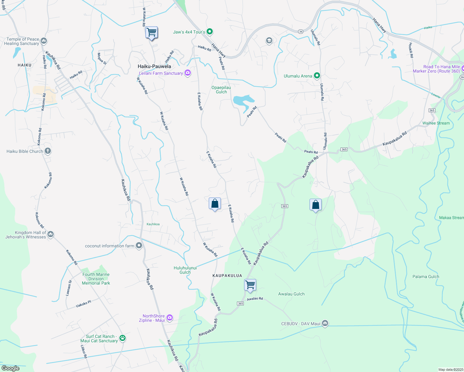 map of restaurants, bars, coffee shops, grocery stores, and more near 795 East Kuiaha Road in Haiku-Pauwela