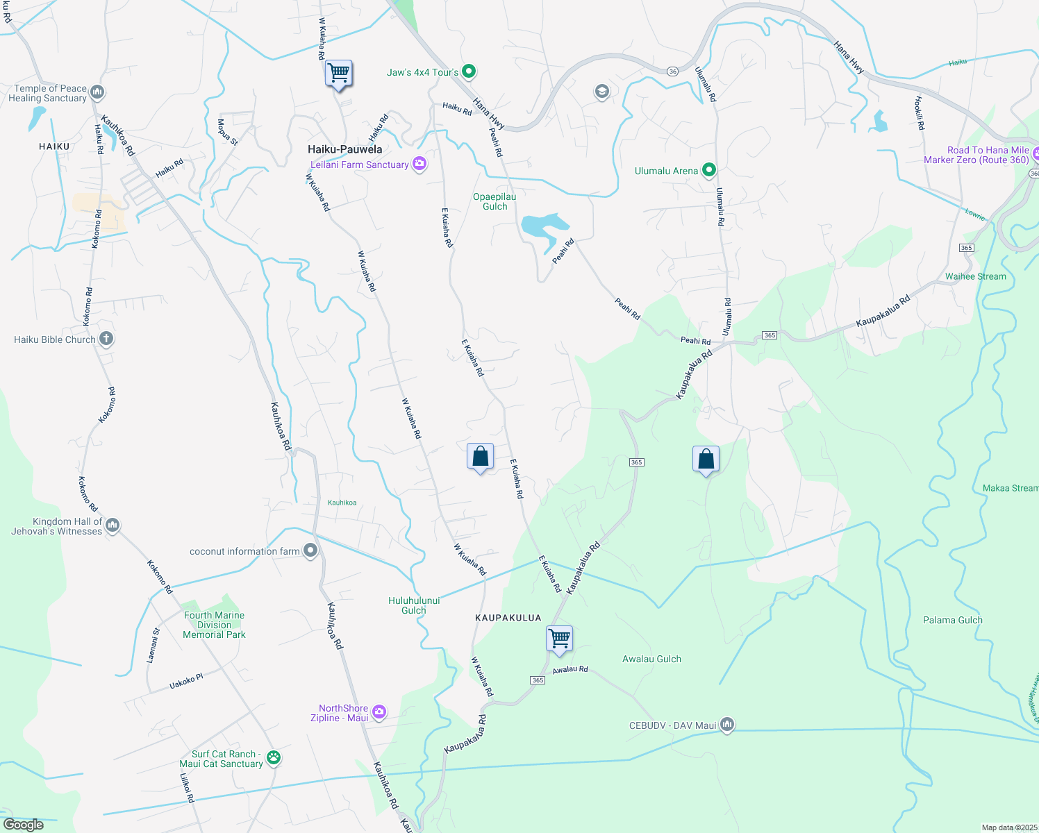map of restaurants, bars, coffee shops, grocery stores, and more near 795 East Kuiaha Road in Haiku-Pauwela